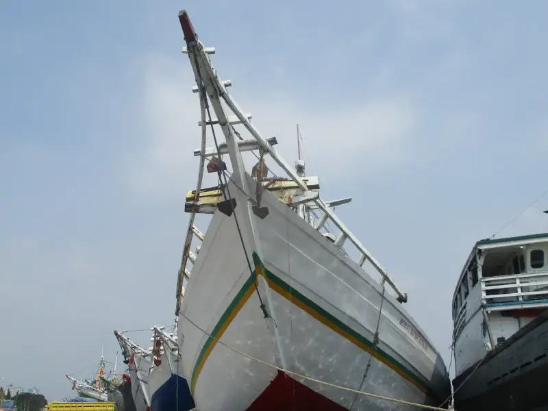 A wooden hull hauled up on the shore with its scaffolding still in place
