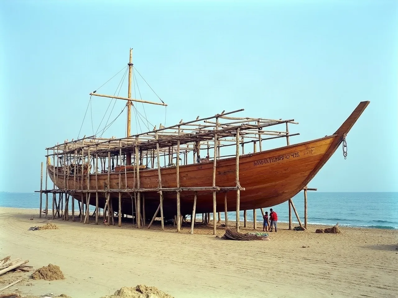 A wooden phinisi hull under construction on the open beach at Tanjung Bira, South Sulawesi